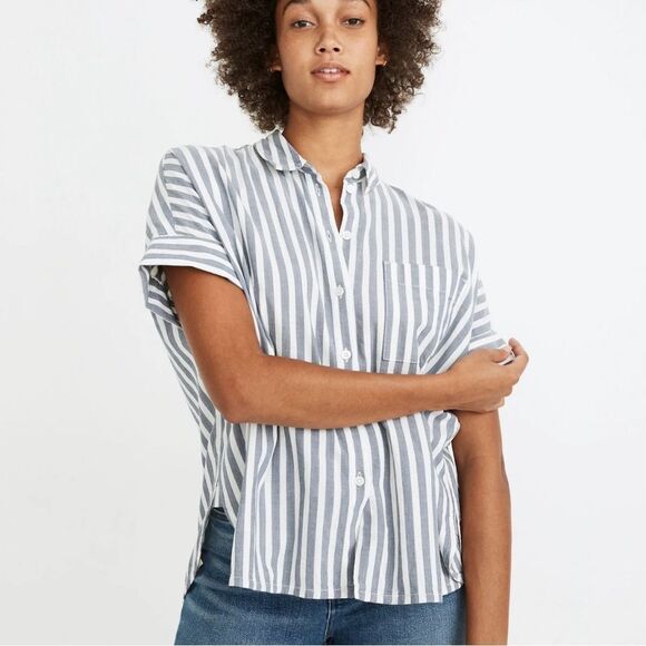Madewell Daily Shirt In Stripe Short Sleeve Button Front Blue White Size Small - Picture 1 of 10